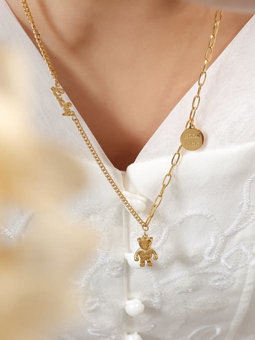 P757 gold necklace 52+ 5cm Titanium Steel Bear Cute Necklace