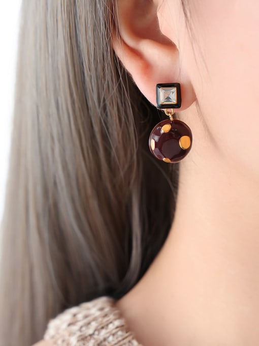 F873 Gold Wine Red Oil Dropping Earrings Titanium Steel Cubic Zirconia Enamel Geometric Trend Drop Earring
