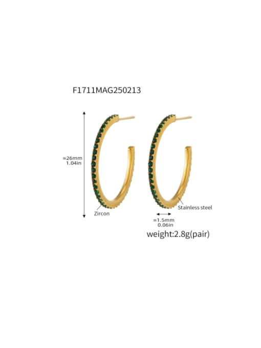 F1711 A Gold Green Zircon Earrings 26mm Stainless steel Cubic Zirconia Geometric Minimalist Stud Earring