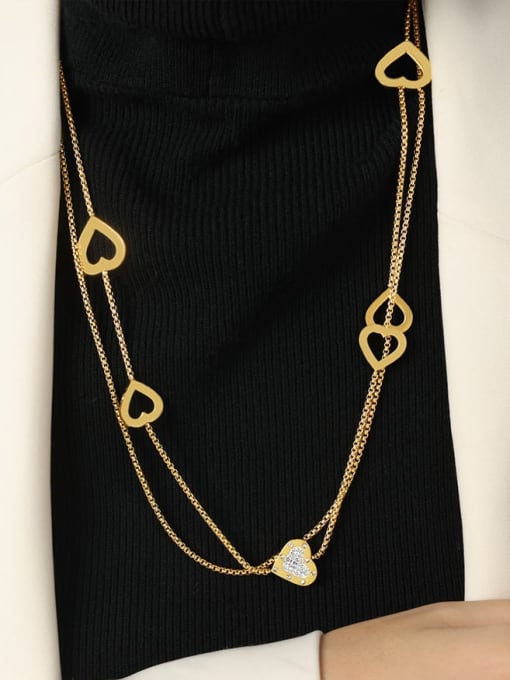 M047 Gold Sweater Chain 120+ 6cm Titanium Steel Cubic Zirconia Heart Minimalist Long Strand Necklace