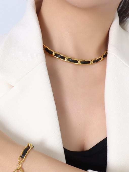 P047 gold necklace 40cm Titanium Steel Hip Hop Geometric Leather Braclete and Necklace Set