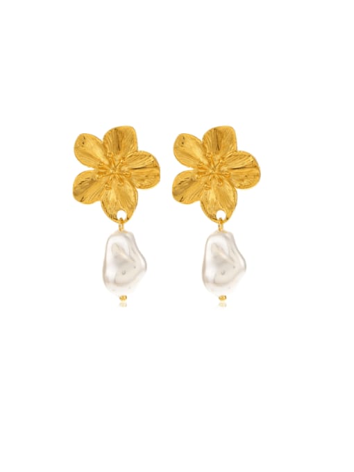 Fine Polished Flower Earrings Gold Stainless steel Imitation Pearl Flower Hip Hop Drop Earring