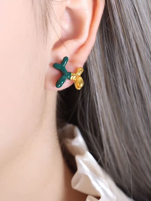 F914 Green Drop Oil Gold Earrings Titanium Steel Enamel Geometric Minimalist Stud Earring