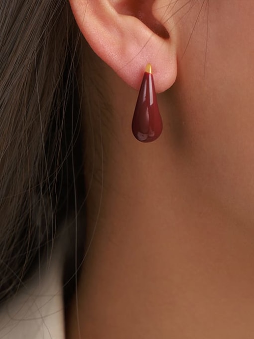F1373 Wine Red Glazed Earrings Titanium Steel Enamel Water Drop Minimalist Stud Earring