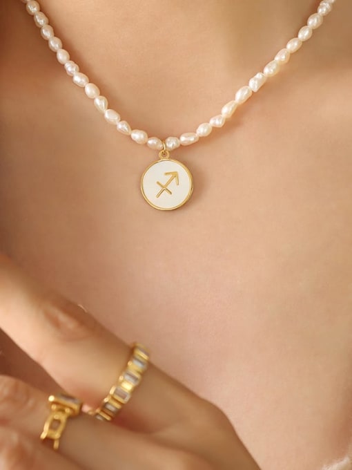 P1317 Sagittarius Gold Necklace Titanium Steel Freshwater Pearl Constellation Vintage Necklace