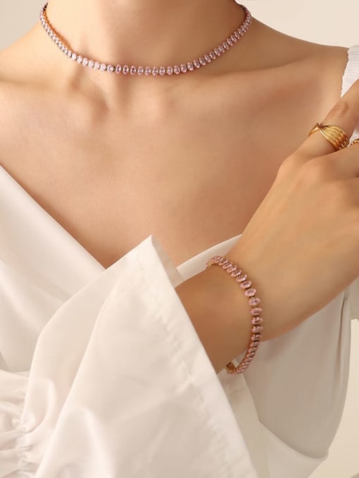 P1163 pink zircon necklace 37cm Titanium Steel Cubic Zirconia Vintage Geometric Bracelet and Necklace Set