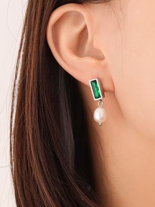 F372 steel emerald Earrings Titanium Steel Imitation Pearl Geometric Trend Drop Earring