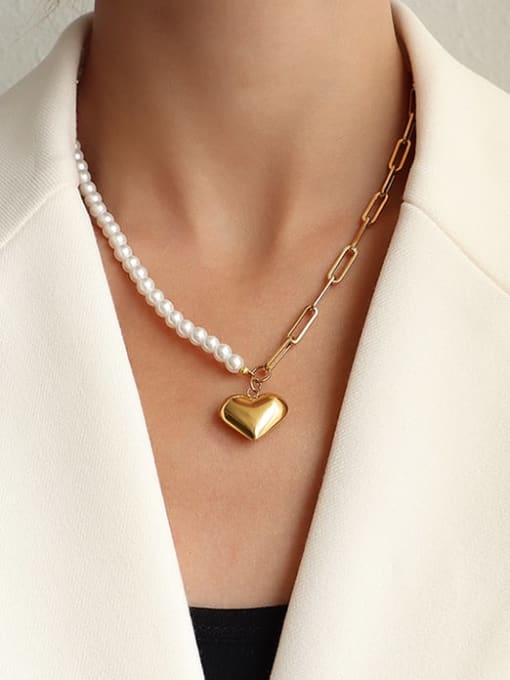 MAKA Titanium 316L Stainless Steel Imitation Pearl Heart Vintage Necklace with e-coated waterproof 1