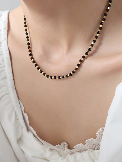 P1731 Gold Black Agate Necklace 40 +7cm Titanium Steel Natural Stone Geometric Vintage Beaded Necklace