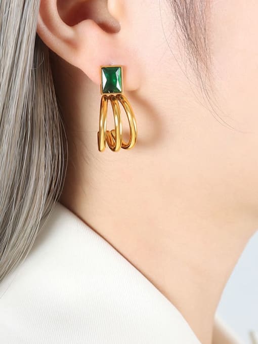 F813 Gold Green Glass Stone Earrings Titanium Steel Cubic Zirconia Geometric Vintage Stud Earring