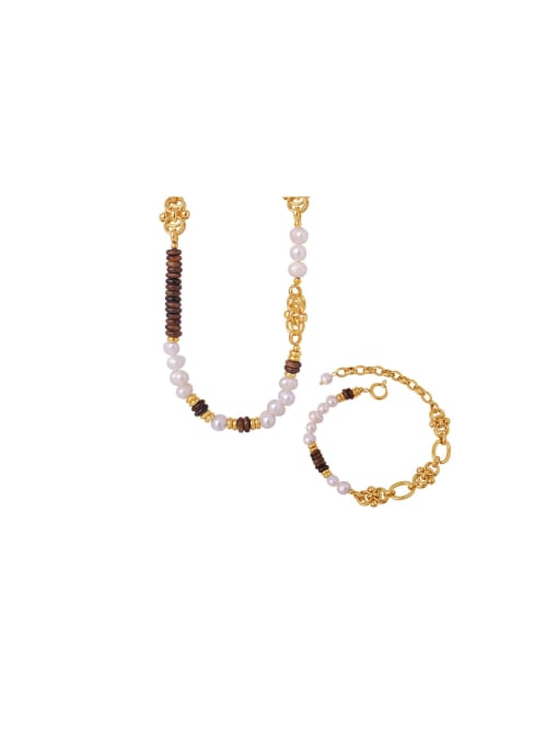 MAKA Trend Geometric Titanium Steel Freshwater Pearl Bracelet and Necklace Set 0