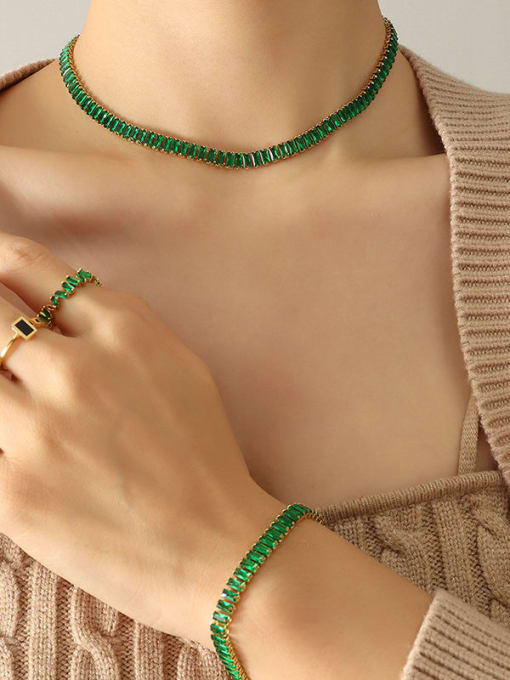 P1068 green zircon necklace 36cm Titanium Steel Cubic Zirconia Minimalist Geometric  Necklace Set
