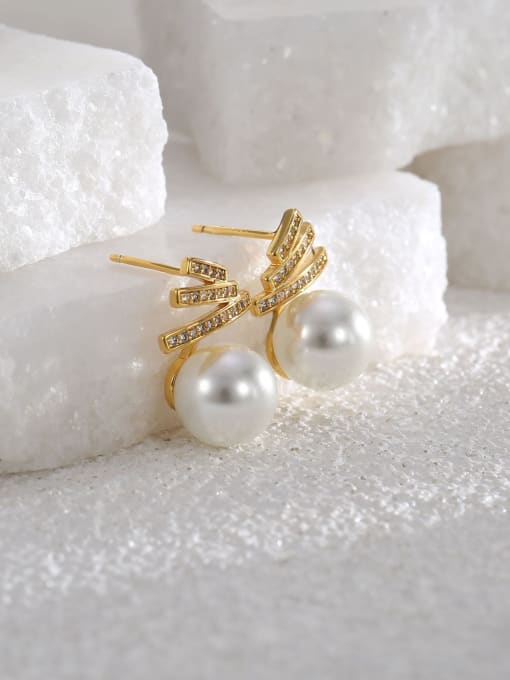 H01138 Gold Brass Imitation Pearl Geometric Minimalist Stud Earring