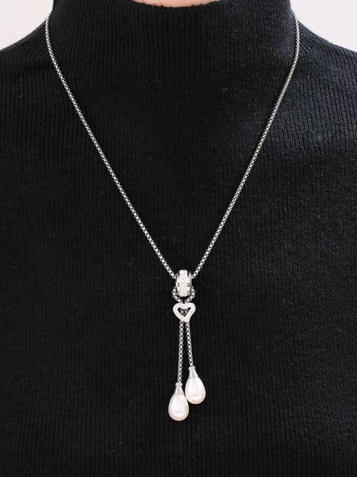 MAKA Stainless steel Imitation Pearl Tassel Minimalist Lariat Necklace 2