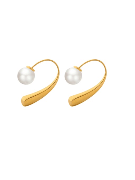 F094 Gold Earrings Titanium Steel Imitation Pearl Geometric Minimalist Hook Earring