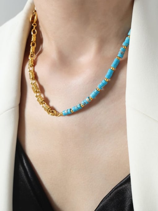 P1701 Blue Natural Stone Necklace 43cm Bohemia Geometric Brass Natural Stone Bracelet and Necklace Set