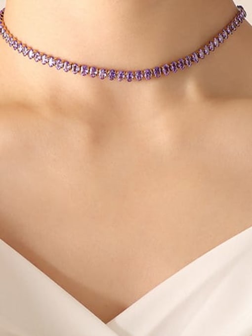 P1163 purple zircon necklace 37cm Titanium Steel Cubic Zirconia Vintage Geometric Bracelet and Necklace Set