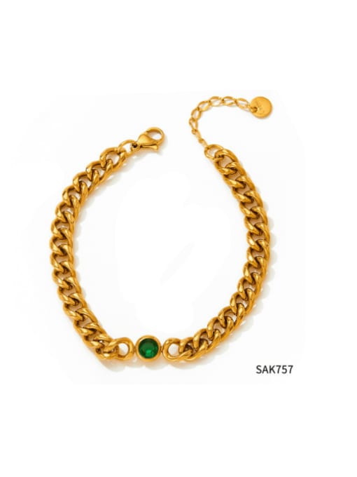 SAK757 Golden+ Green Stainless steel Glass Stone Geometric Hip Hop Link Bracelet