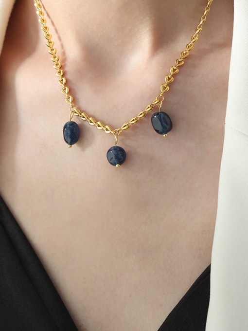 P1720 Blue Agate Necklace 37 +5cm Titanium Steel Natural Stone Tassel Trend Tassel Necklace