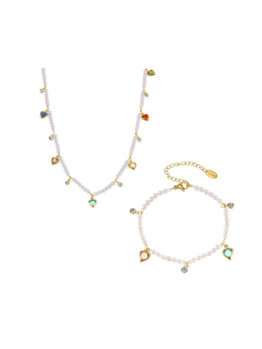 MAKA Titanium Steel Imitation Pearl  Minimalist Heart Bracelet and Necklace Set 0