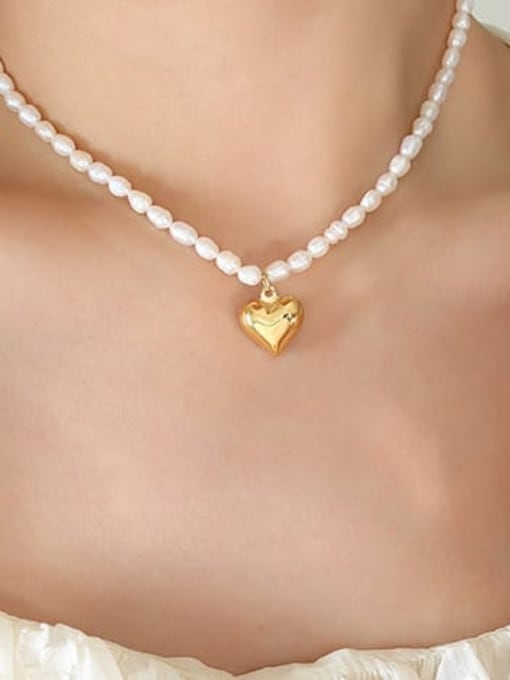 MAKA Titanium Steel Freshwater Pearl Heart Vintage Necklace 1