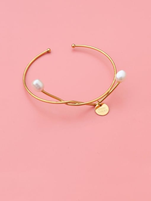 MAKA Titanium 316L Stainless Steel Freshwater Pearl Geometric Vintage Cuff Bangle with e-coated waterproof 2