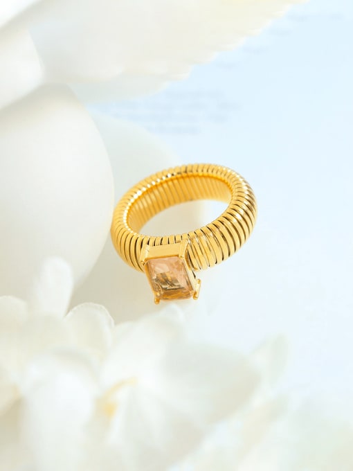 A435 Champagne Glass Stone Gold Ring Titanium Steel Glass Stone Geometric Minimalist Band Ring