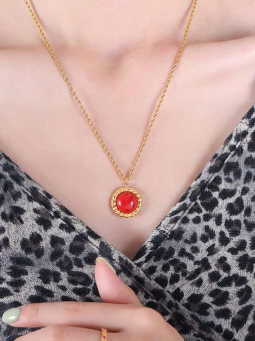 Golden Red Pine Stone Necklace 50cm Titanium Steel Tiger Eye Vintage Round Earring and Necklace Set
