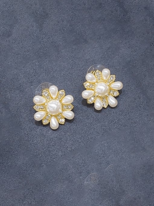 H00102 Flower Earrings Brass Imitation Pearl Flower Minimalist Stud Earring