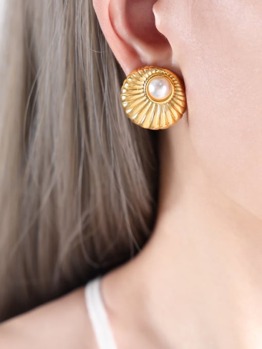 White imitation pearl gold earrings Titanium Steel Moonstone Round Trend Stud Earring