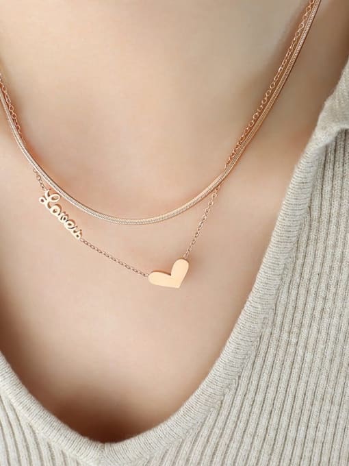 P786 Rose Gold Double Layer Necklace Titanium Steel Heart Minimalist Multi Strand Necklace