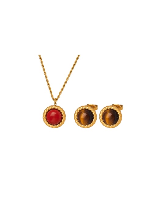 MAKA Titanium Steel Tiger Eye Vintage Round Earring and Necklace Set