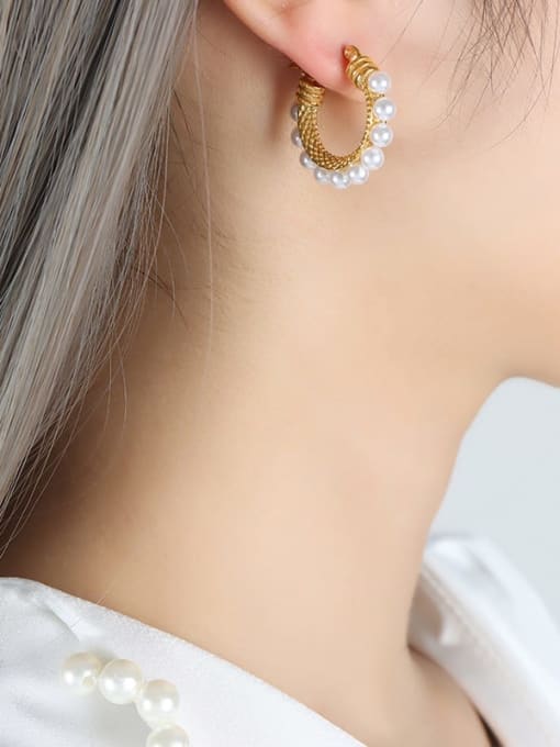 F763 Gold Earrings Titanium Steel Imitation Pearl Geometric Trend Hoop Earring