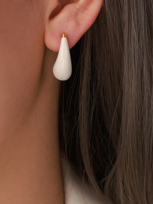 F1373 White Glazed Earrings Titanium Steel Enamel Water Drop Minimalist Stud Earring