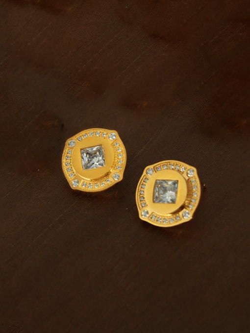 F1389 Gold + White Zircon Earrings Brass Glass Stone Geometric Vintage Stud Earring
