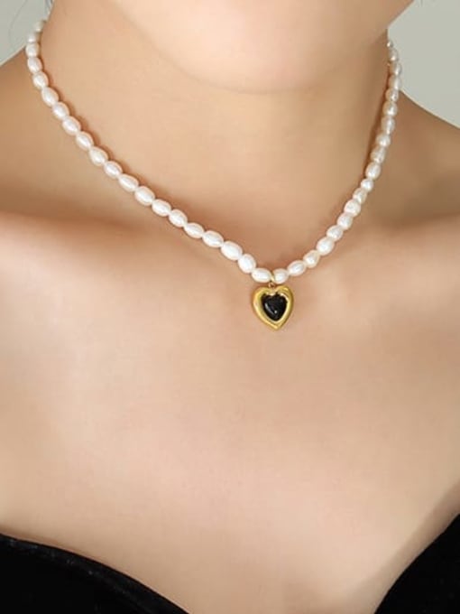 P1249 Gold Necklace (38+ 8cm) Titanium Steel Freshwater Pearl Heart Hip Hop Necklace