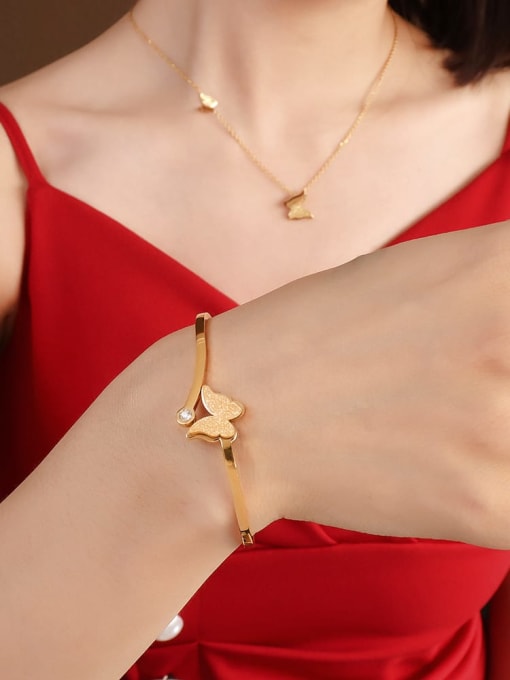 gold Titanium 316L Stainless Steel Butterfly Minimalist Cuff Bangle with e-coated waterproof