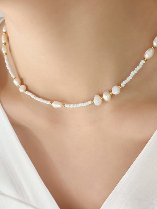 P1261 Freshwater pearl necklace 38 +5cm Titanium Steel Freshwater Pearl Geometric Minimalist Necklace