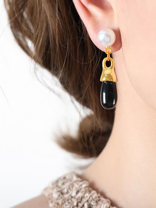 F820 Gold Earrings Titanium Steel Imitation Pearl Geometric Vintage Drop Earring