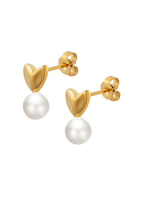 F052 Gold Earrings Titanium Steel Imitation Pearl Heart Minimalist Drop Earring