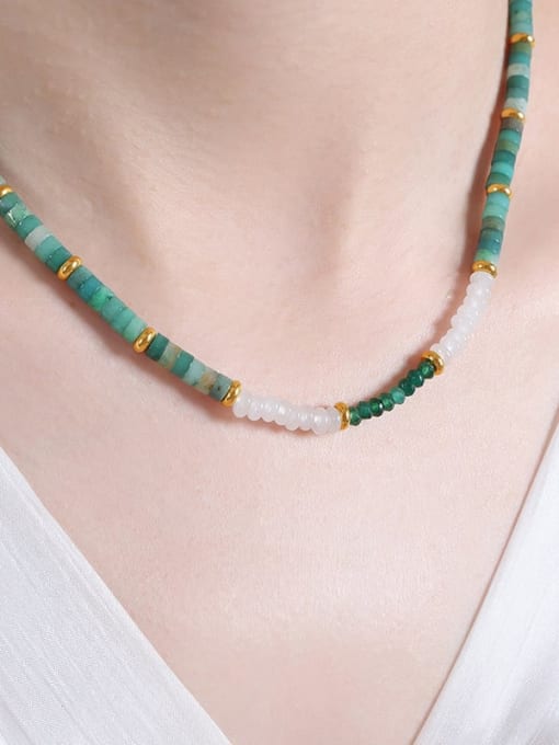 P1592 Green Jade Beaded Necklace 42 +5cm Titanium Steel Natural Stone Bead Vintage Beaded Necklace