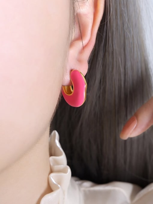 F915 Pink Drop Oil Gold Earrings Titanium Steel Enamel Geometric Minimalist Stud Earring
