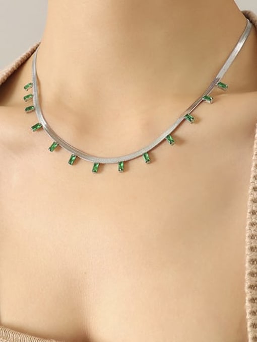 P340 green zircon Steel Necklace 40+ 5cm Titanium Steel Glass Stone Geometric Vintage Necklace