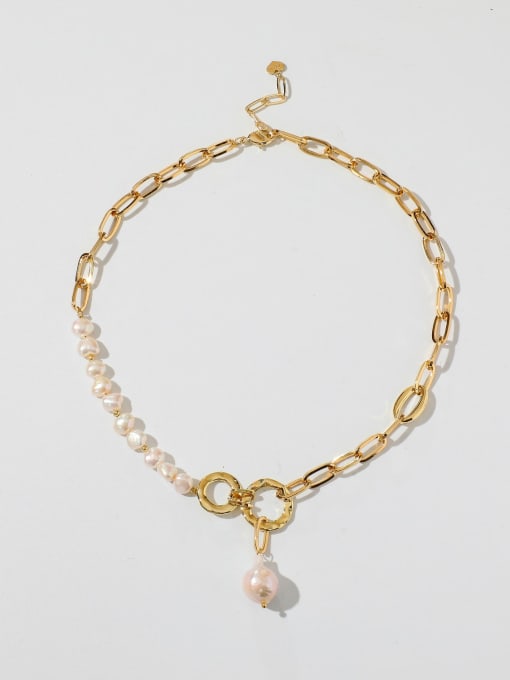 J&D Brass Freshwater Pearl Geometric Trend Cuban Necklace
