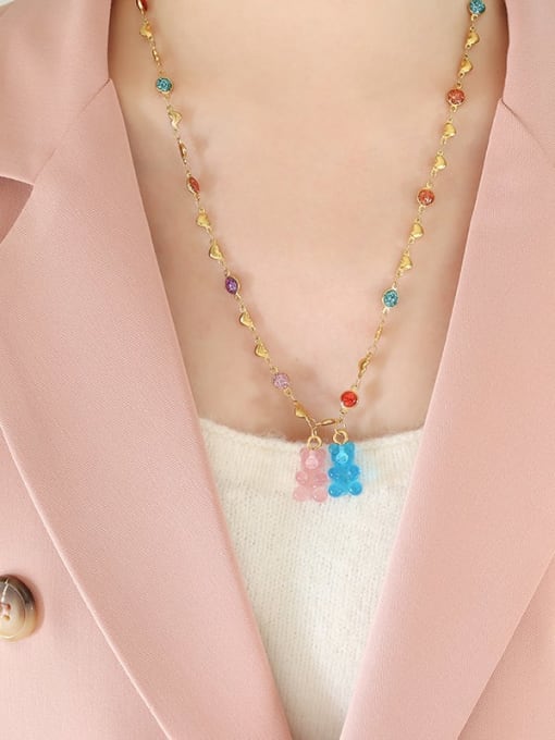 P1285 Transparent Blue Pink Bear  (Long) Titanium Steel Resin Multi Color Enamel Bear Cute Necklace