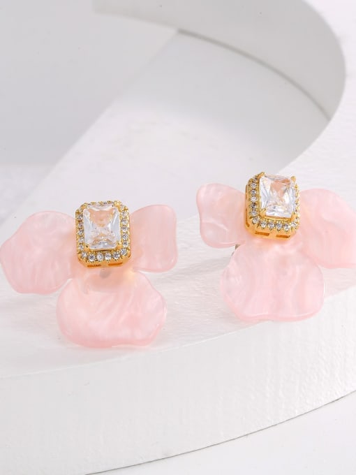 H02128 Pink Brass PVC Flower Trend Stud Earring
