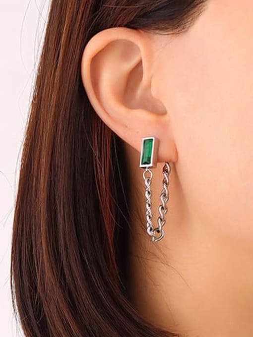 F400 steel green Zircon Earrings Titanium Steel Glass Stone Tassel Trend Drop Earring