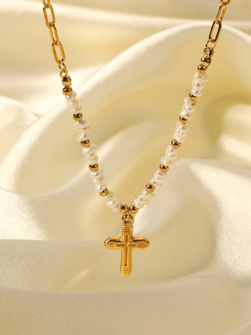 J&D Stainless steel Imitation Pearl Cross Vintage Necklace 2