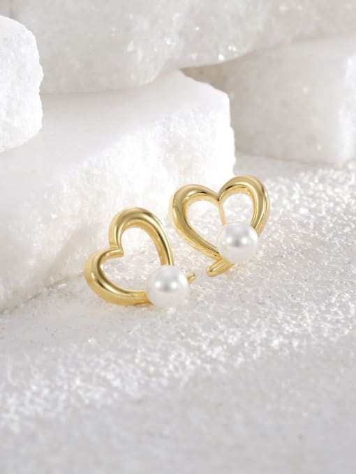 H01136 gold Brass Imitation Pearl Heart Minimalist Stud Earring