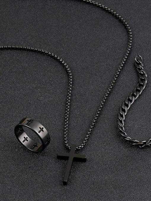 Three piece set in black Trend Cross Titanium Steel Ring Bracelet and Necklace Set